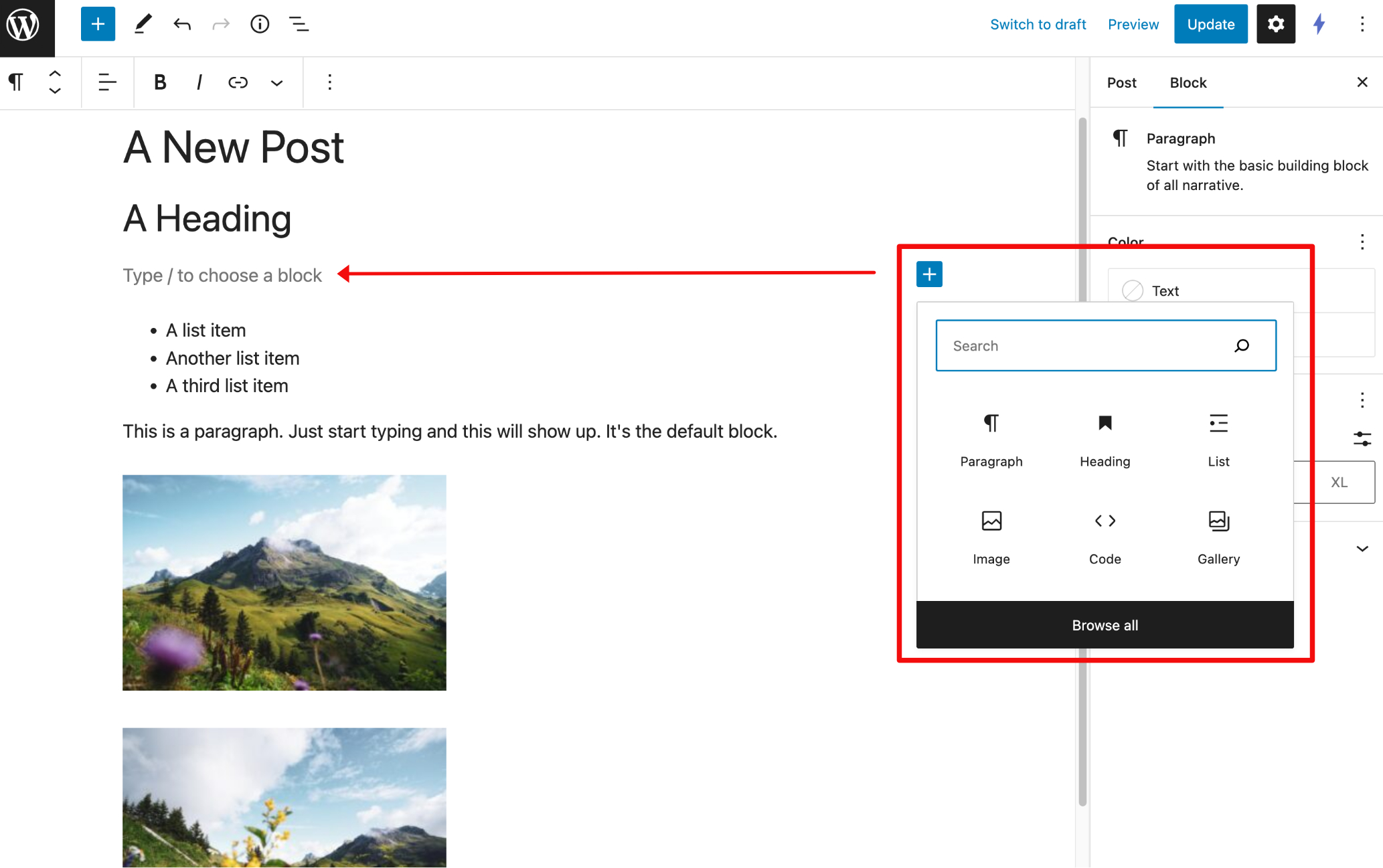 Add Blocks pop-up
